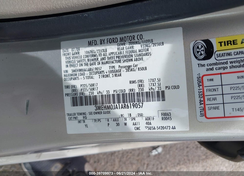 2010 MERCURY MILAN PREMIER VIN: 3MEHM0JA1AR619057