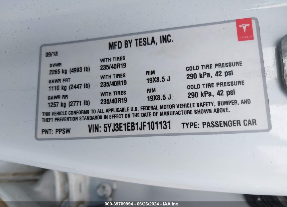 2018 TESLA MODEL 3 LONG RANGE/PERFORMANCE VIN: 5YJ3E1EB1JF101131