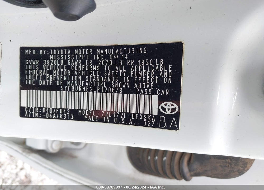 2014 TOYOTA COROLLA L/LE/LE PLUS/LE PREMIUM/S/S PLUS/S PREMIUM VIN: 5YFBURHE3EP120678