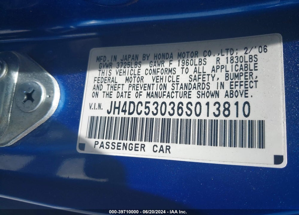 2006 ACURA RSX VIN: JH4DC53036S013810