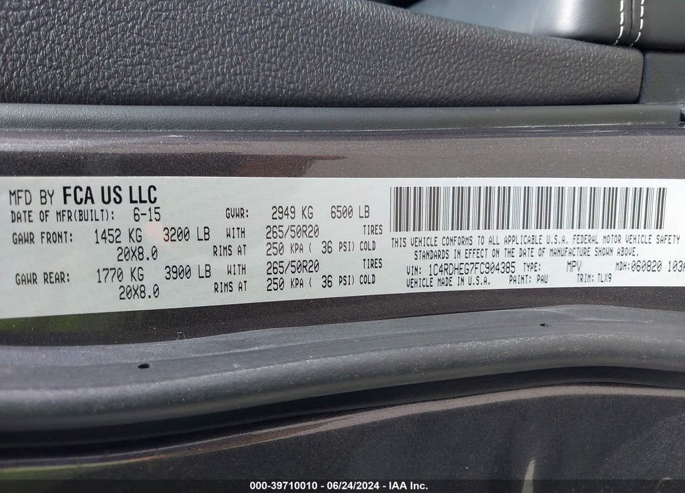 2015 DODGE DURANGO CITADEL VIN: 1C4RDHEG7FC904385