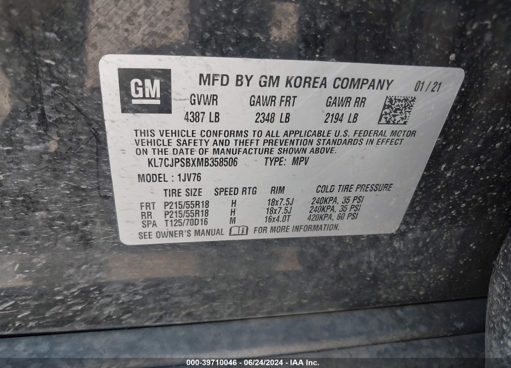 2021 CHEVROLET TRAX AWD LT VIN: KL7CJPSBXMB358506