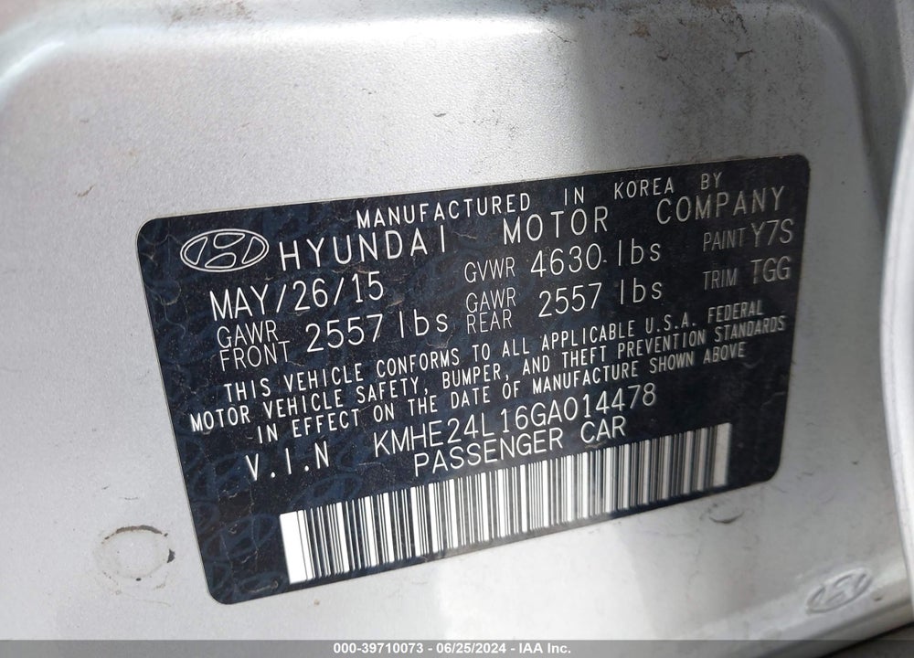 2016 HYUNDAI SONATA HYBRID SE VIN: KMHE24L16GA014478
