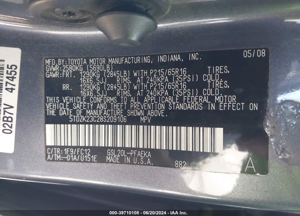 2008 TOYOTA SIENNA LE VIN: 5TDZK23C28S209106