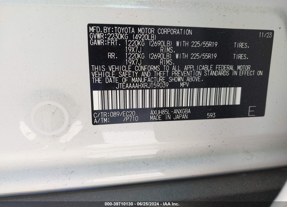 2024 TOYOTA VENZA XLE VIN: JTEAAAAHXRJ159039