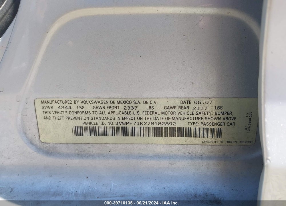 2007 VOLKSWAGEN JETTA 2.5 VIN: 3VWPF71K27M182892