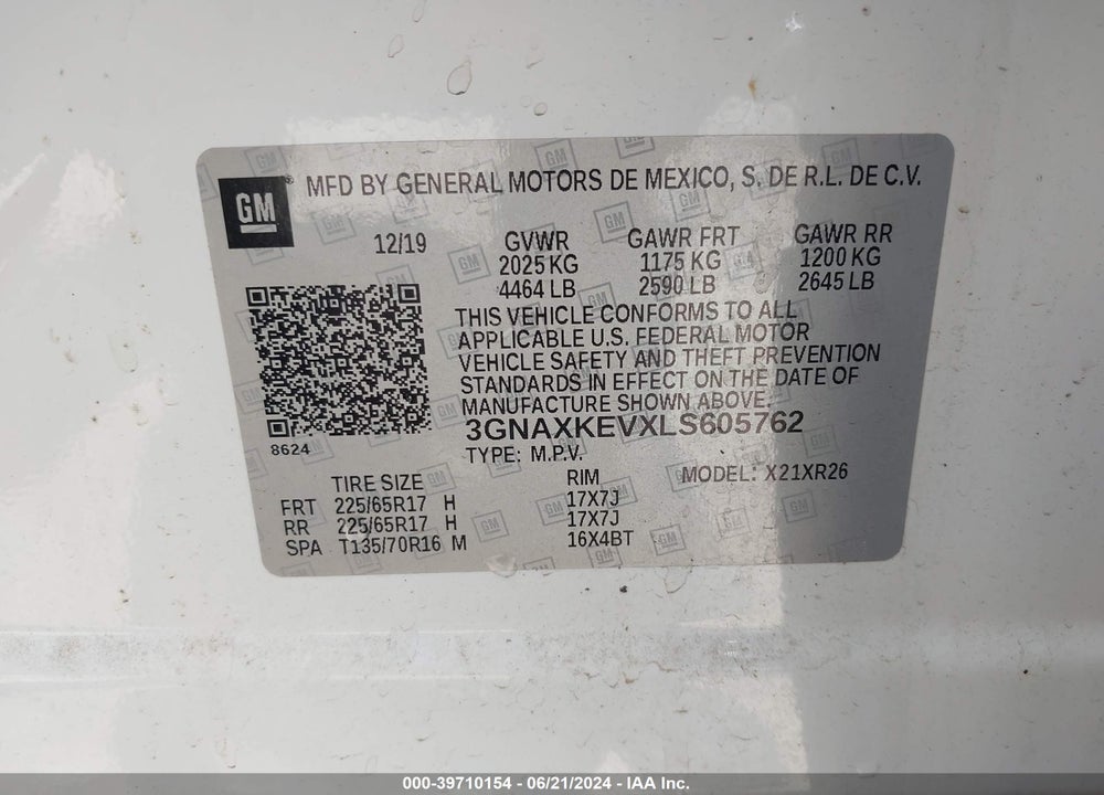 2020 CHEVROLET EQUINOX FWD LT 1.5L TURBO VIN: 3GNAXKEVXLS605762