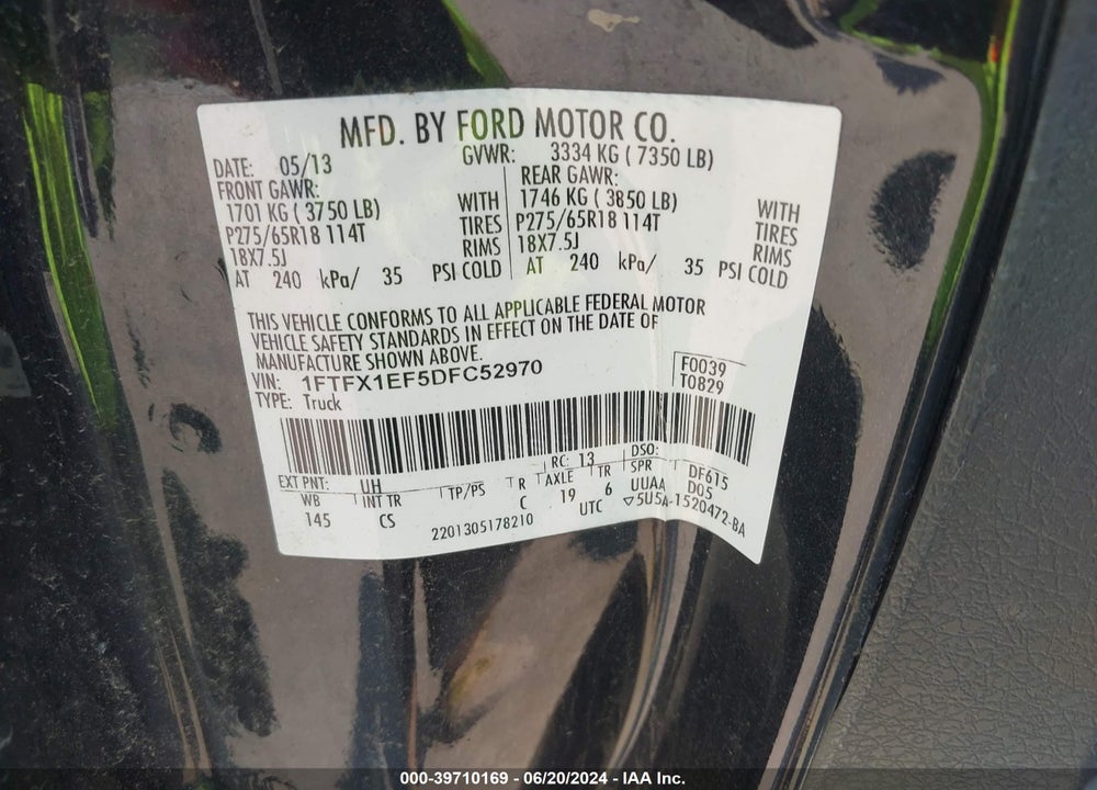 2013 FORD F-150 STX VIN: 1FTFX1EF5DFC52970