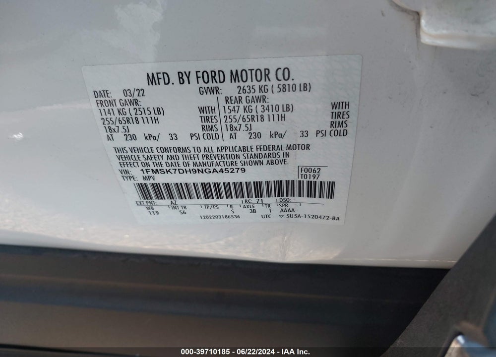 2022 FORD EXPLORER XLT VIN: 1FMSK7DH9NGA45279