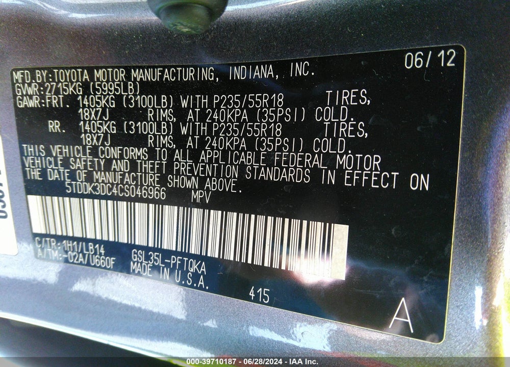 2012 TOYOTA SIENNA XLE 7 PASSENGER VIN: 5TDDK3DC4CS046966