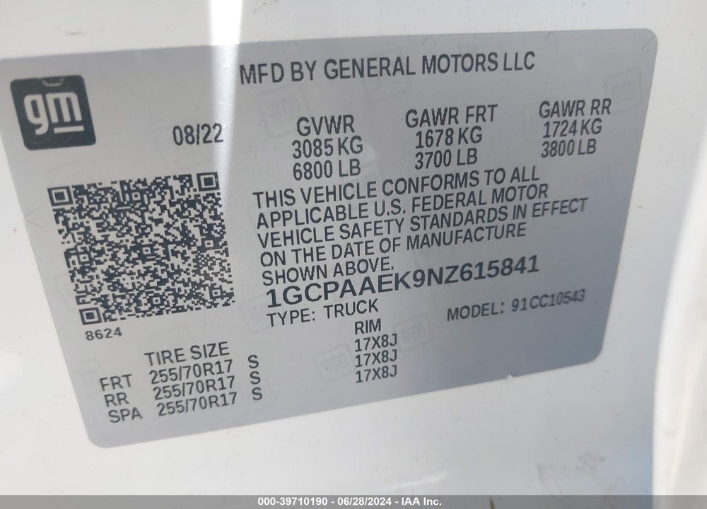 2022 CHEVROLET SILVERADO 1500 2WD SHORT BED WT VIN: 1GCPAAEK9NZ615841
