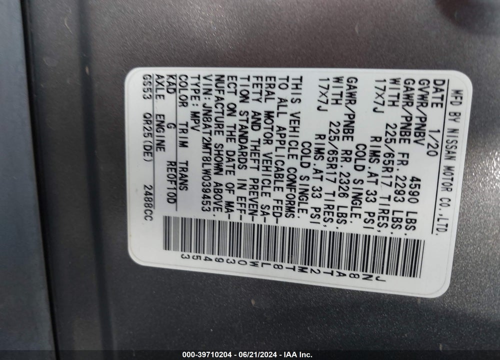 2020 NISSAN ROGUE SV FWD VIN: JN8AT2MT8LW039453