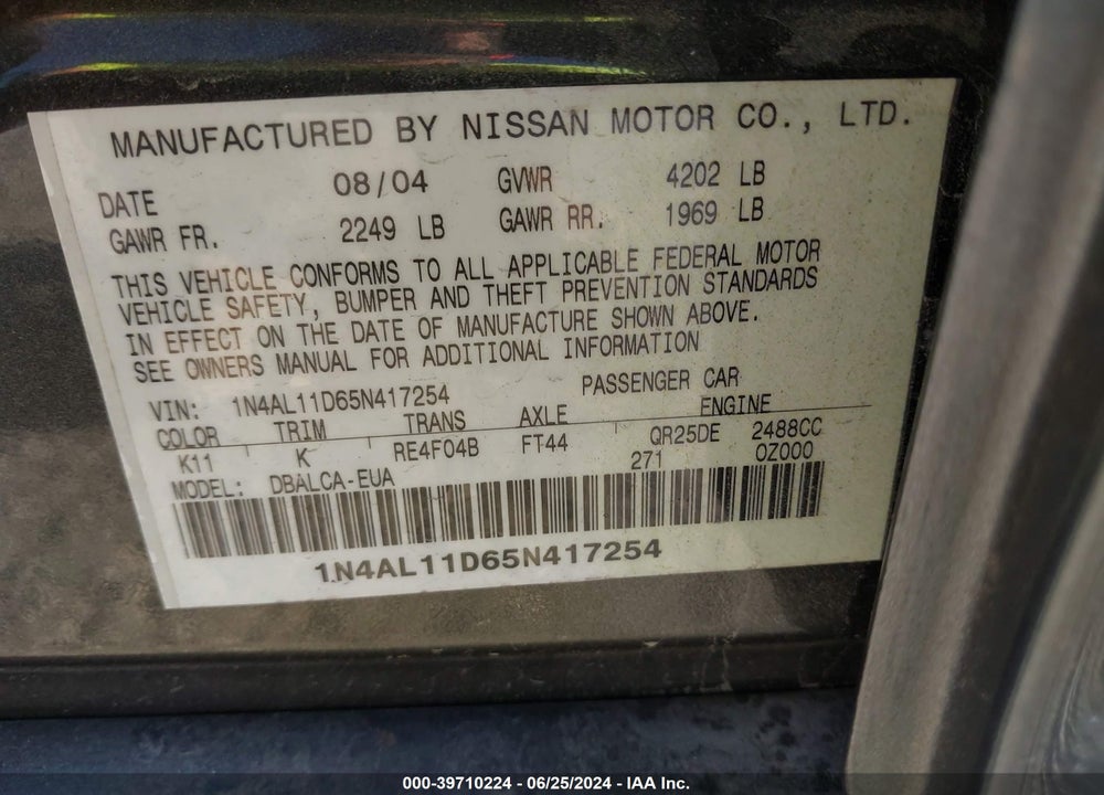 2005 NISSAN ALTIMA 2.5 S VIN: 1N4AL11D65N417254