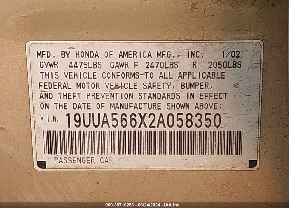 2002 ACURA TL 3.2 (A5) VIN: 19UUA566X2A058350