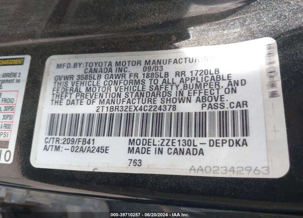 2004 TOYOTA COROLLA CE VIN: 2T1BR32EX4C224378