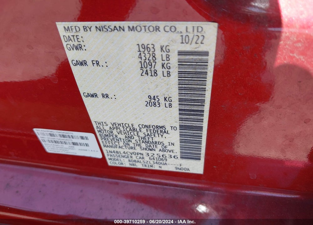 2023 NISSAN ALTIMA SR FWD VIN: 1N4BL4CV0PN325636