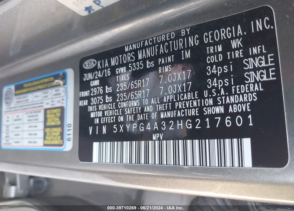 2017 KIA SORENTO 2.4L LX VIN: 5XYPG4A32HG217601