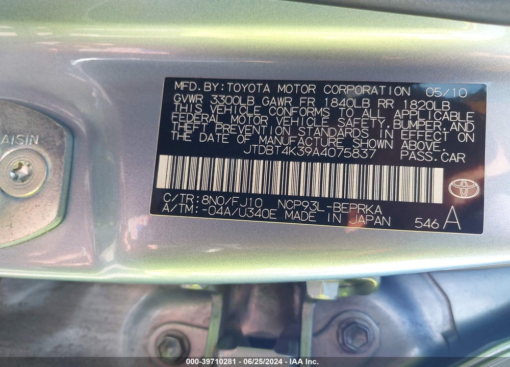 2010 TOYOTA YARIS VIN: JTDBT4K39A4075837
