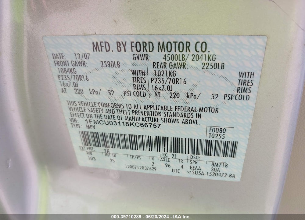 2008 FORD ESCAPE XLT VIN: 1FMCU03118KC66757