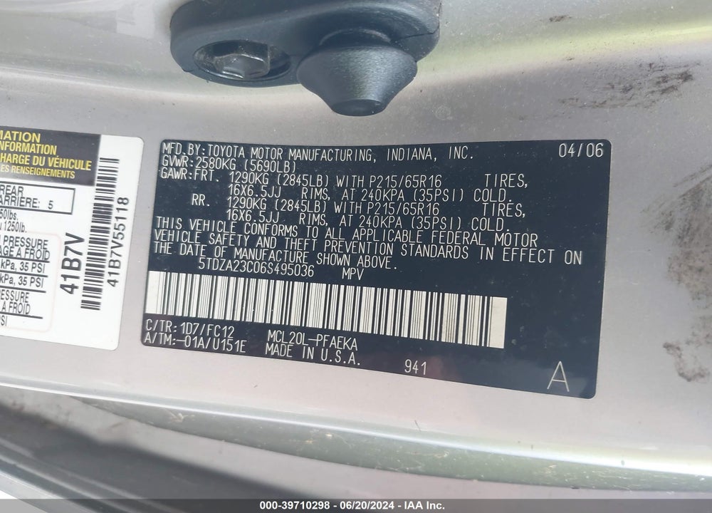 2006 TOYOTA SIENNA VIN: 5TDZA23C06S495036