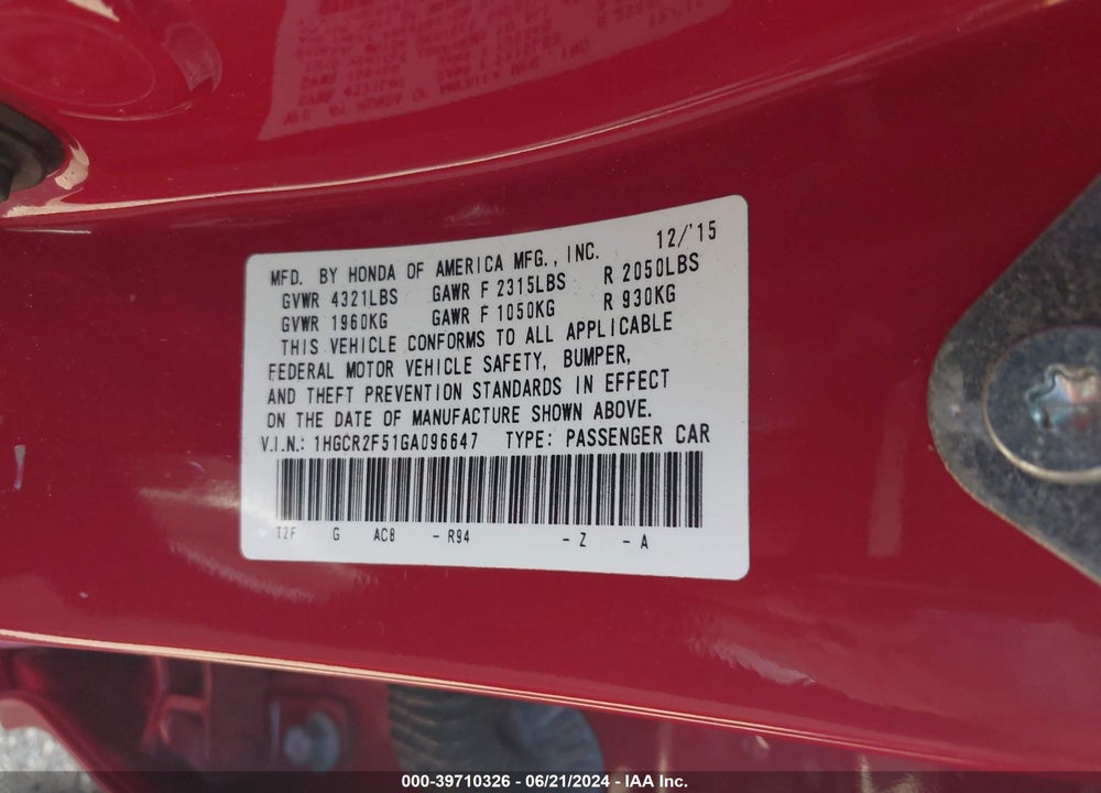 2016 HONDA ACCORD SPORT VIN: 1HGCR2F51GA096647