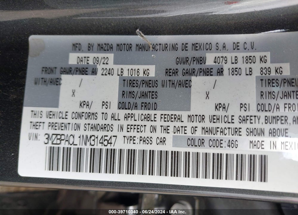2022 MAZDA 3 VIN: 3MZBPACL1NM314547