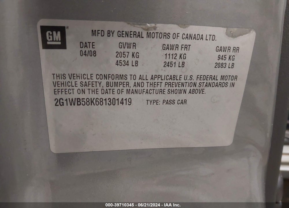 2008 CHEVROLET IMPALA LS VIN: 2G1WB58K681301419