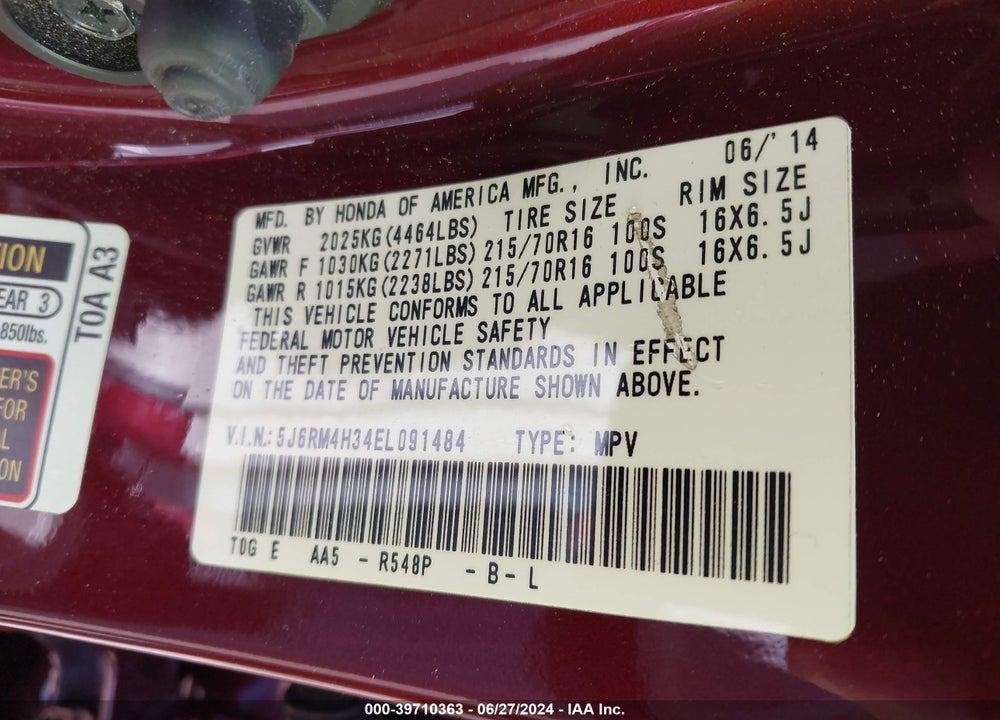 2014 HONDA CR-V VIN: 5J6RM4H34EL091484