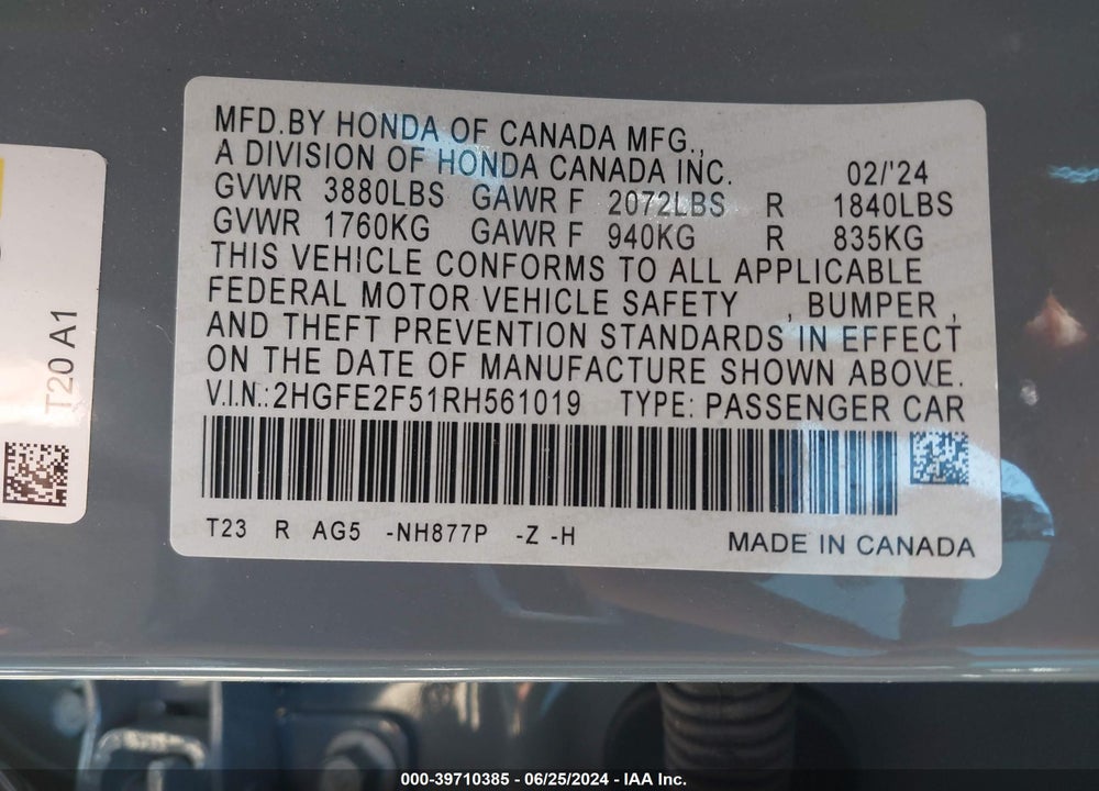 2024 HONDA CIVIC SPORT VIN: 2HGFE2F51RH561019