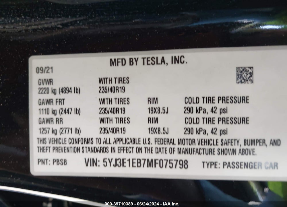 2021 TESLA MODEL 3 LONG RANGE DUAL MOTOR ALL-WHEEL DRIVE VIN: 5YJ3E1EB7MF075798