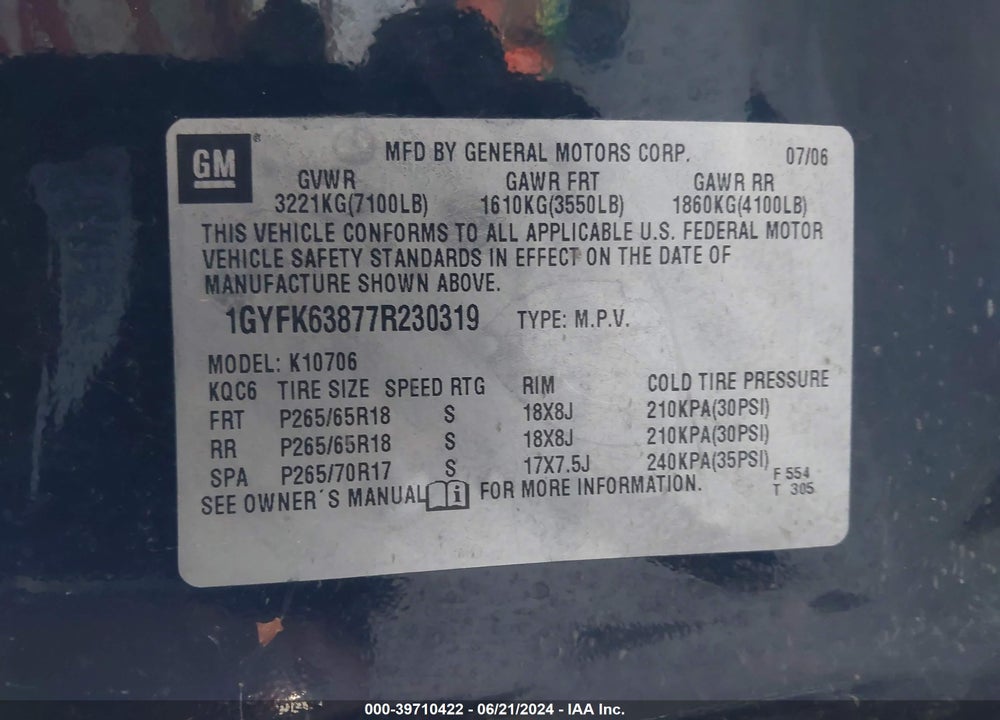 2007 CADILLAC ESCALADE VIN: 1GYFK63877R230319