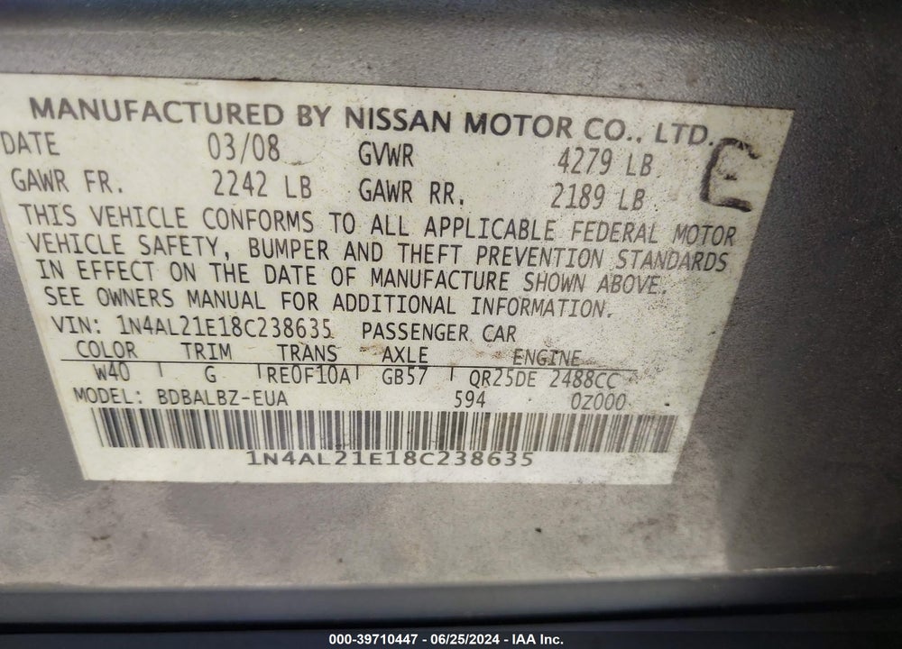 2008 NISSAN ALTIMA 2.5 S VIN: 1N4AL21E18C238635