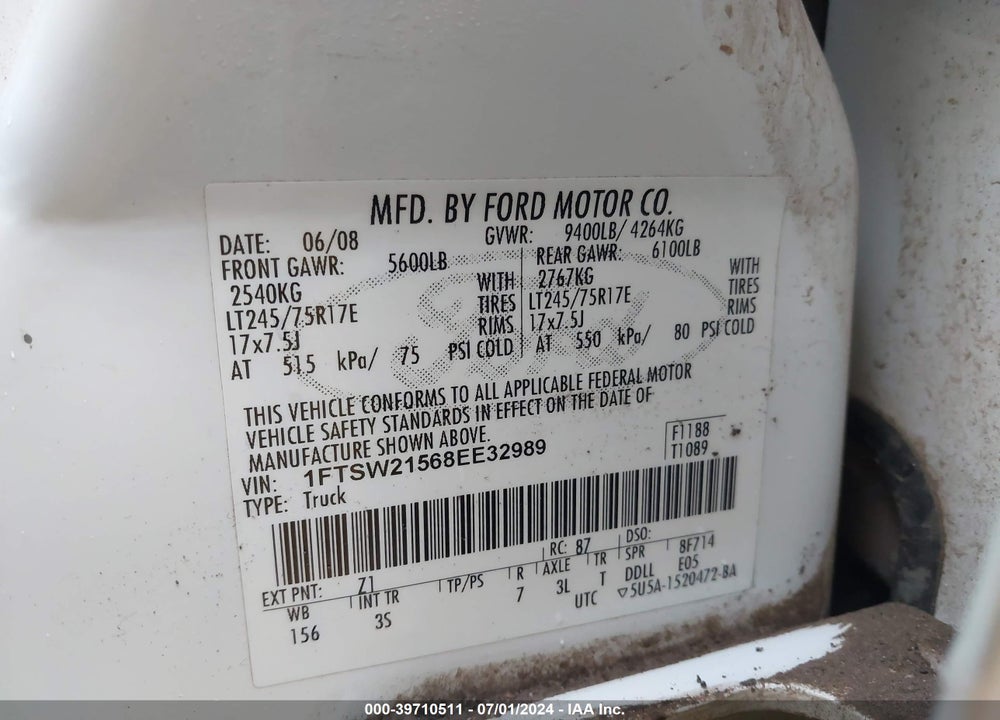 2008 FORD F-250 FX4/KING RANCH/LARIAT/XL/XLT VIN: 1FTSW21568EE32989