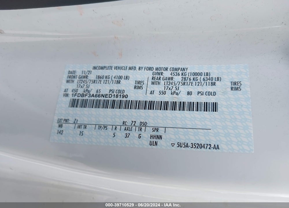2022 FORD F-350 XL VIN: 1FDBF3A66NED18190