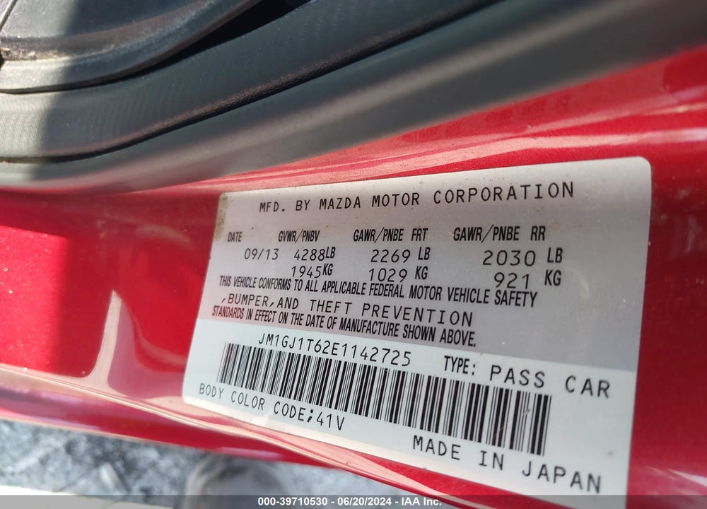 2014 MAZDA MAZDA6 VIN: JM1GJ1T62E1142725