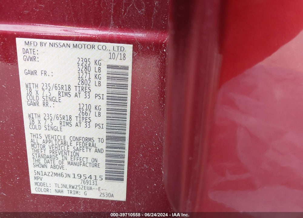 2018 NISSAN MURANO SL VIN: 5N1AZ2MH6JN195415