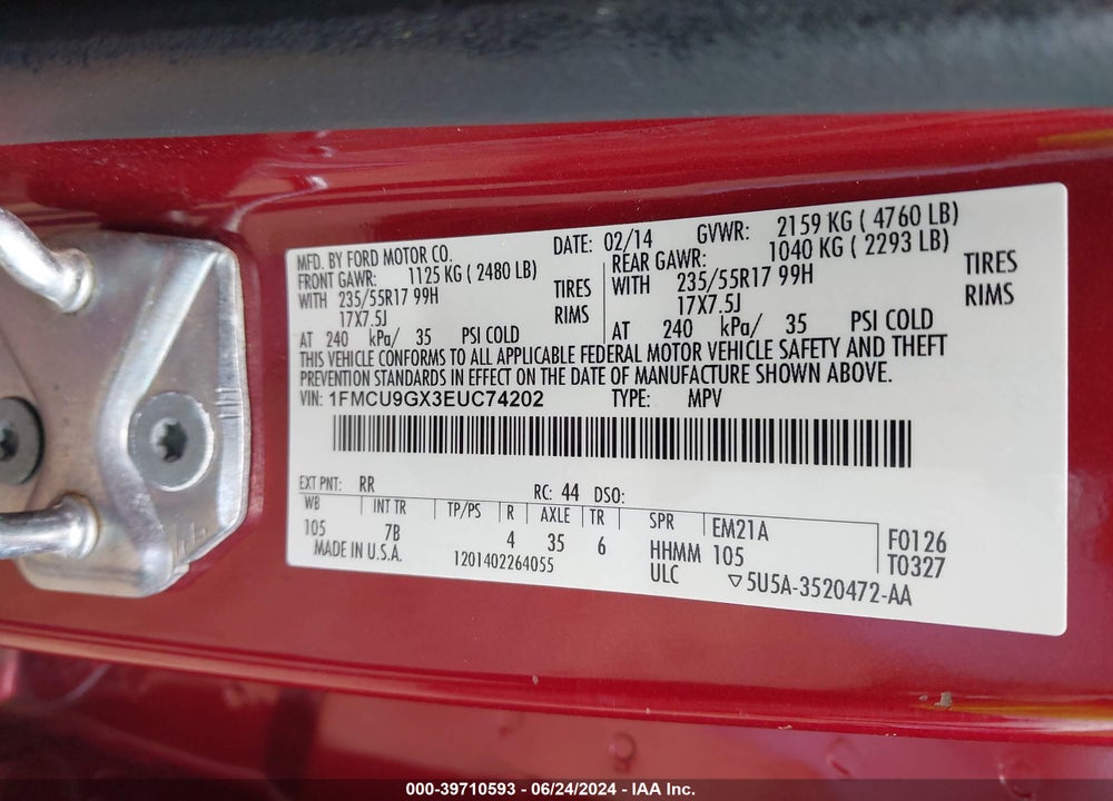 2014 FORD ESCAPE VIN: 1FMCU9GX3EUC74202