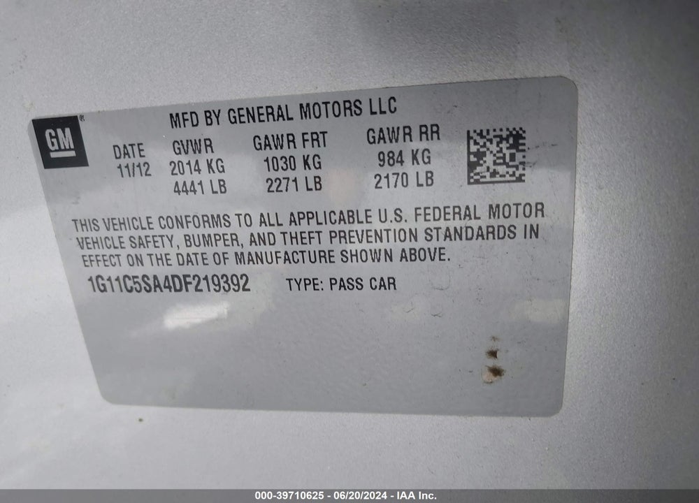 2013 CHEVROLET MALIBU 1LT VIN: 1G11C5SA4DF219392