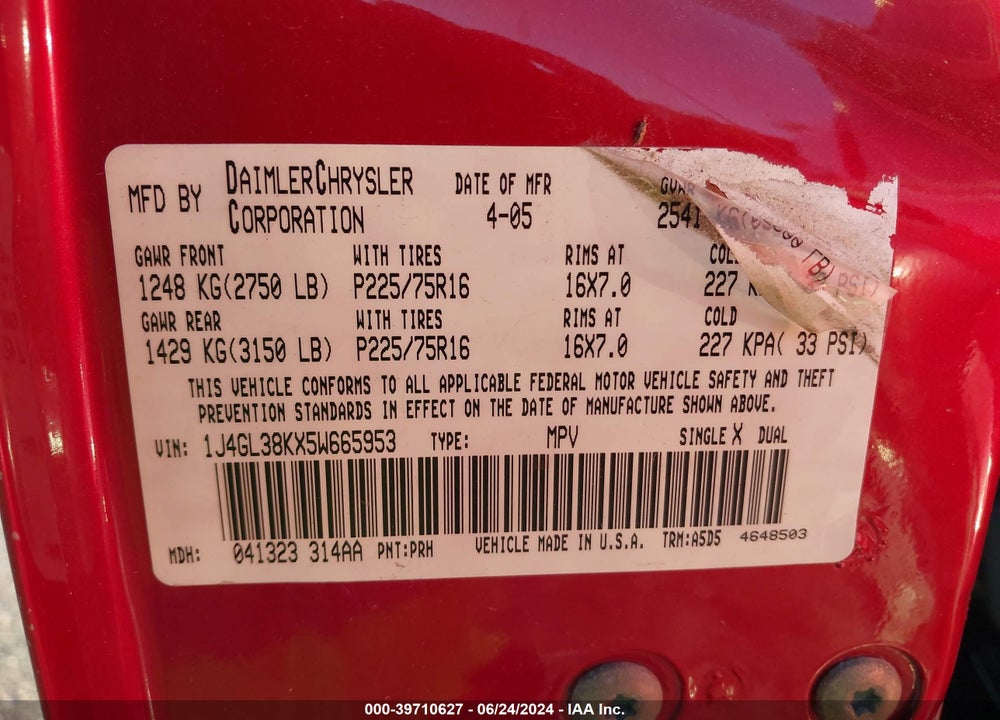 2005 JEEP LIBERTY RENEGADE VIN: 1J4GL38KX5W665953