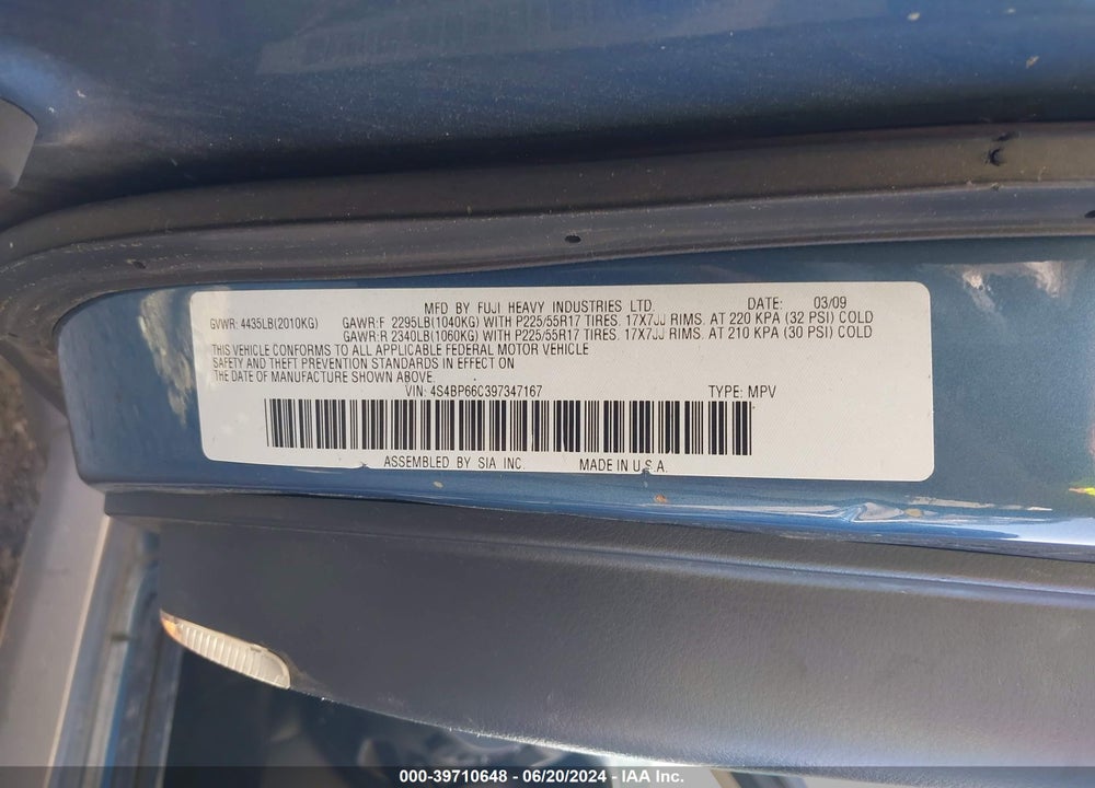 2009 SUBARU OUTBACK 2.5I LIMITED VIN: 4S4BP66C397347167