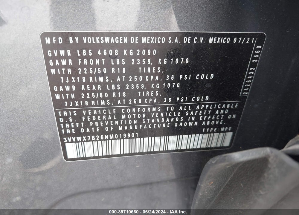 2022 VOLKSWAGEN TAOS 1.5T SE VIN: 3VVWX7B26NM019901