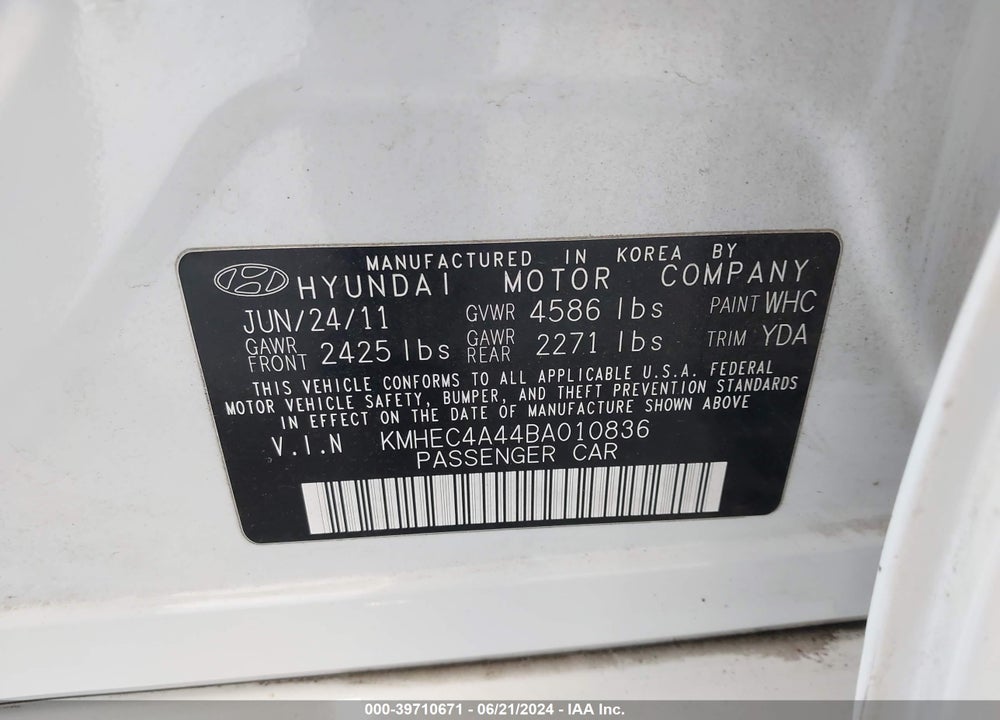 2011 HYUNDAI SONATA HYBRID VIN: KMHEC4A44BA010836