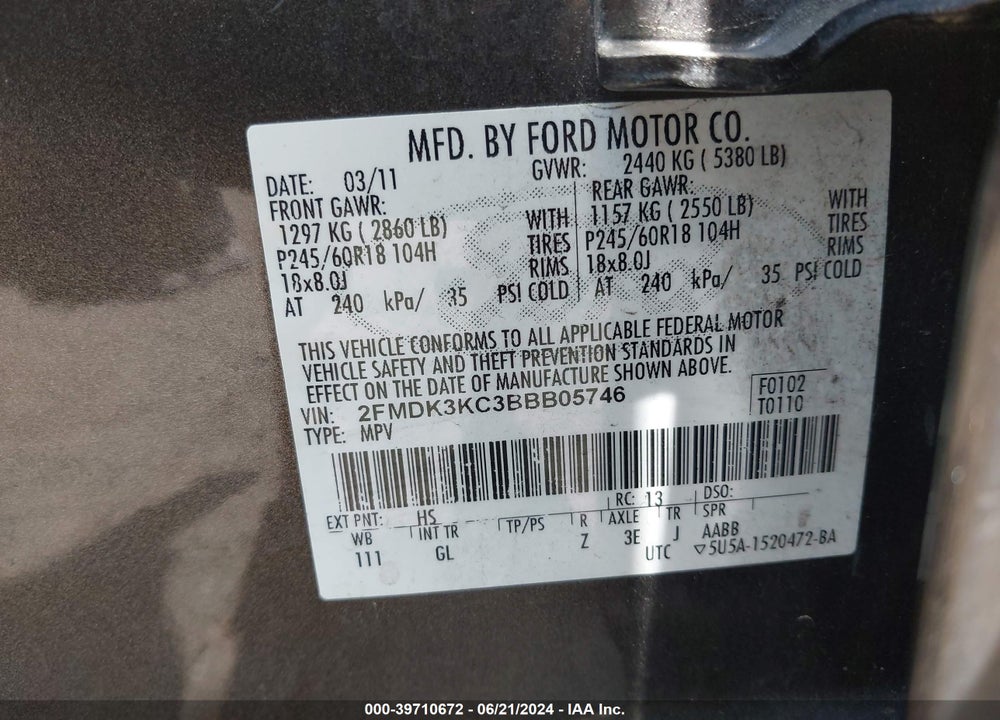 2011 FORD EDGE VIN: 2FMDK3KC3BBB05746