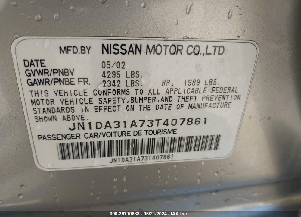 2003 NISSAN MAXIMA GLE VIN: JN1DA31A73T407861
