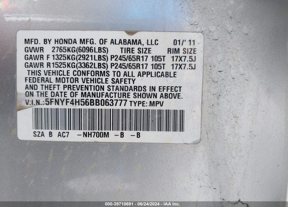 2011 HONDA PILOT EX-L VIN: 5FNYF4H56BB063777