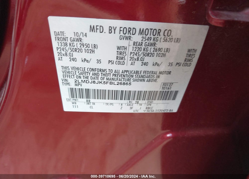 2015 LINCOLN MKX VIN: 2LMDJ8JK5FBL26865