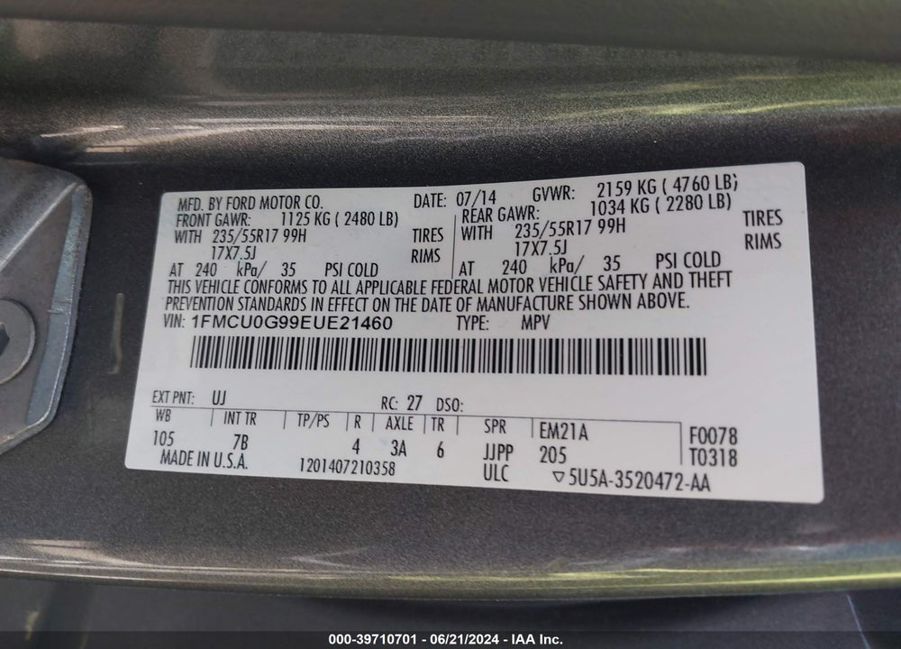 2014 FORD ESCAPE SE VIN: 1FMCU0G99EUE21460