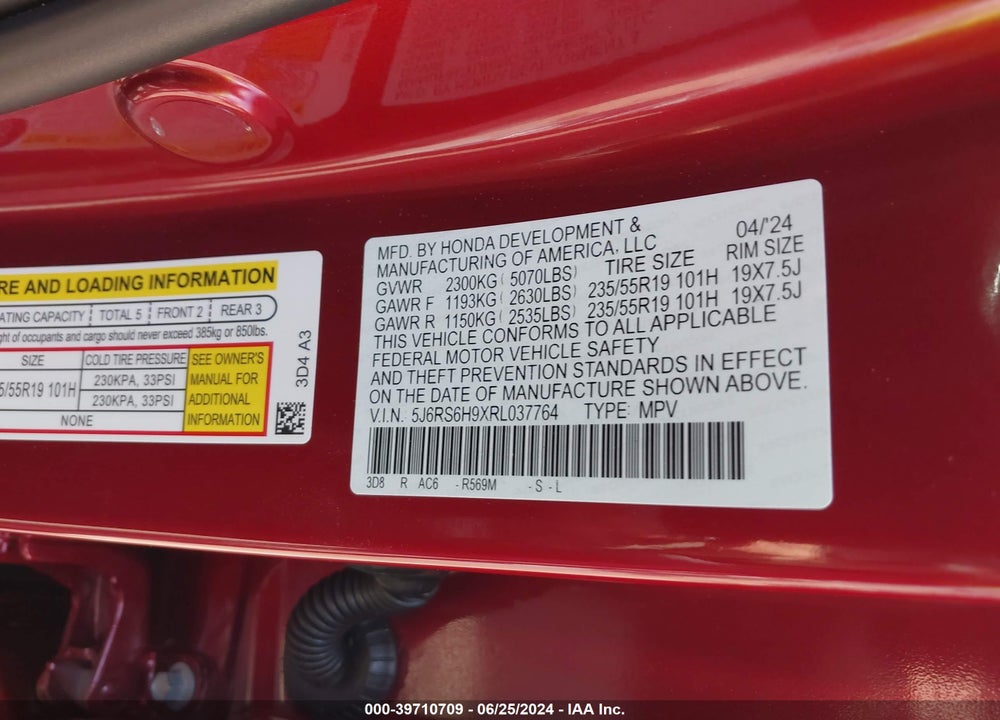 2024 HONDA CR-V HYBRID SPORT TOURING VIN: 5J6RS6H9XRL037764