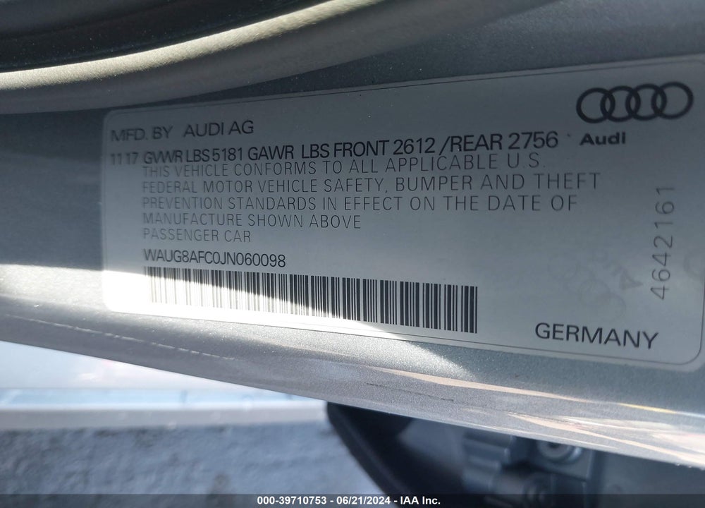 2018 AUDI A6 2.0T PREMIUM VIN: WAUG8AFC0JN060098