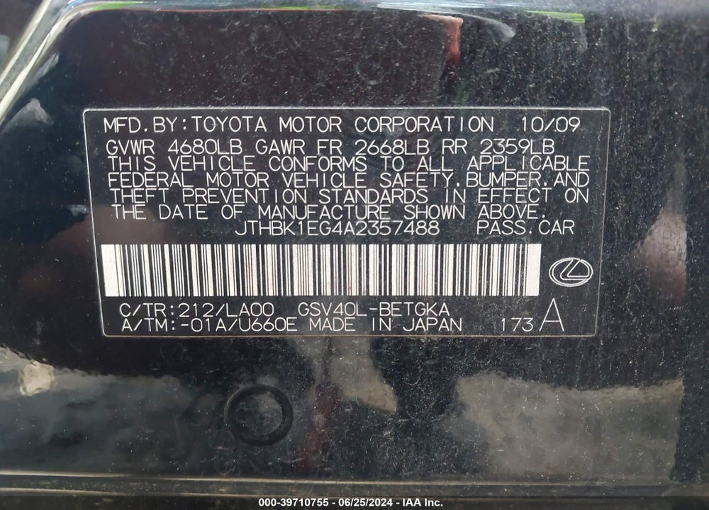 2010 LEXUS ES 350 VIN: JTHBK1EG4A2357488